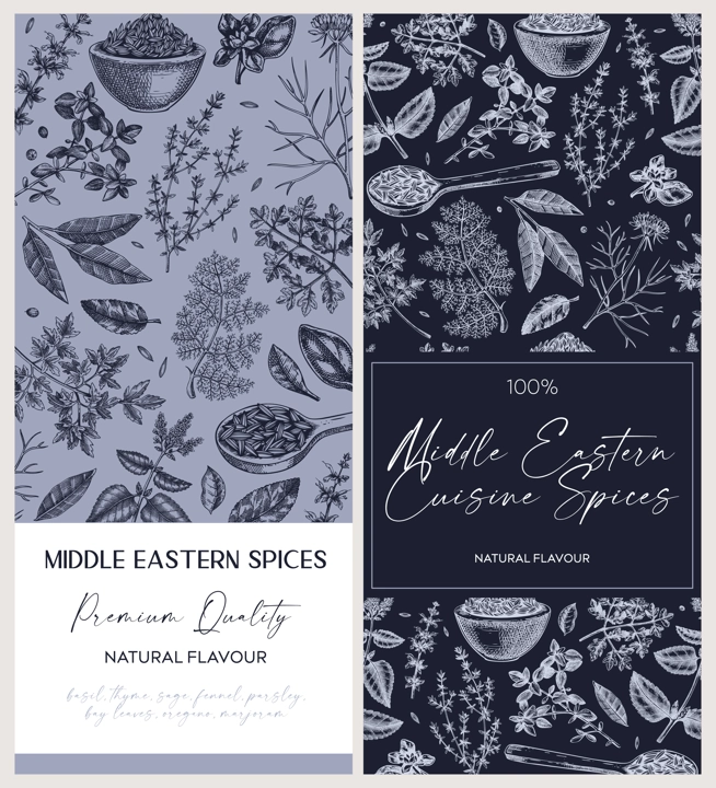 Middle Eastern spice label design set. Basil, mint, rosemary, parsley, sage, bay leaf, fennel  sketches. Herbs hand-drawn vectot illustration. Vintage spice templates. NOT AI generated